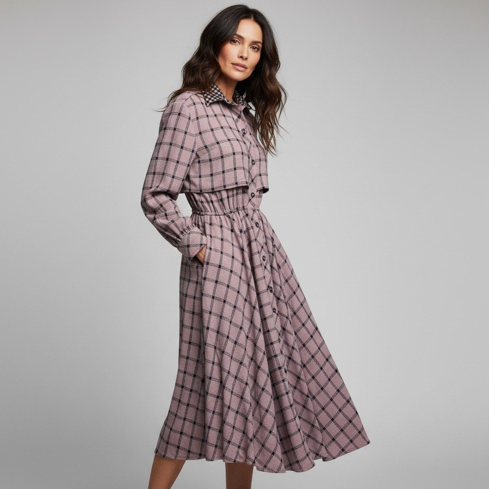 Vintage Bonnie Strauss 100% Wool Plaid Trench Midi Dress Mauve Black Size 10